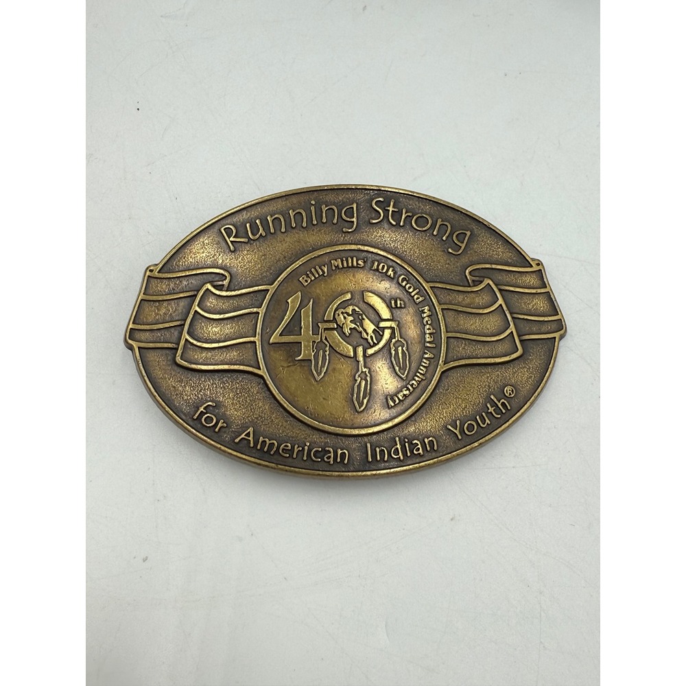 Billy Mills Running Strong 40th Anniversary Belt Buckle Brass Olympic Gold Medal